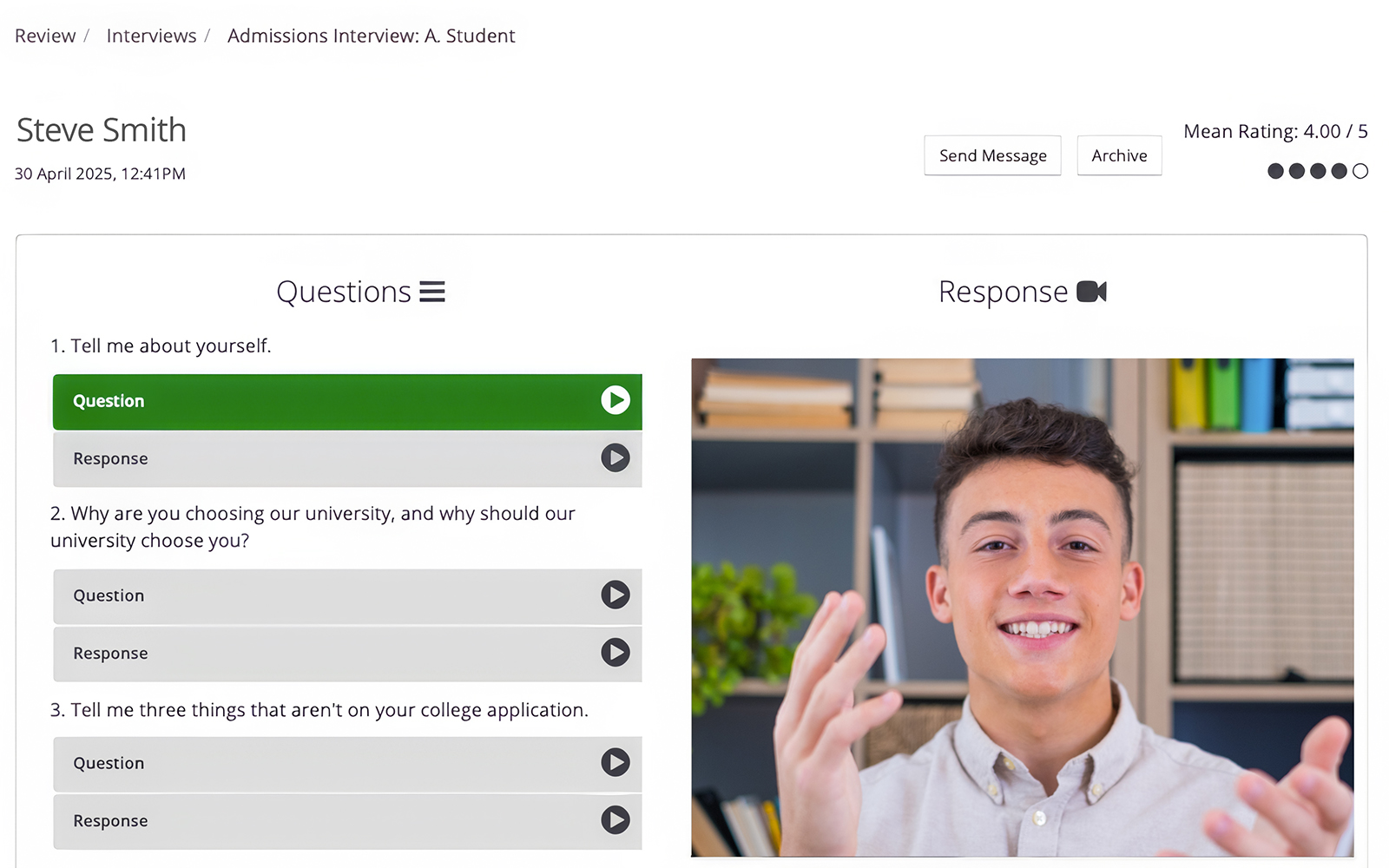 screenshot of video interview questions