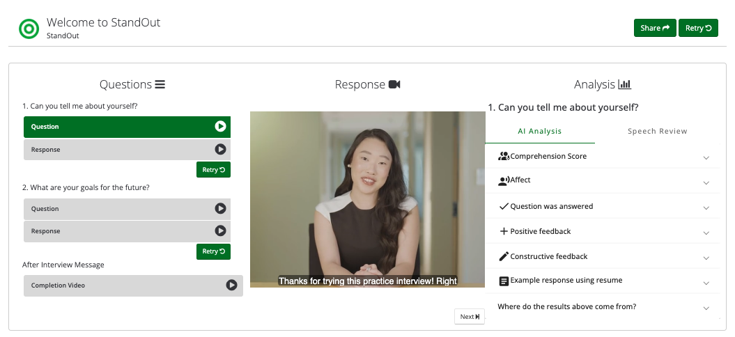 screenshot of a StandOut interview